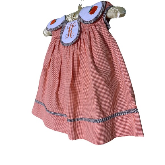 The Bella Bean Girls Gingham Smocked Dress Embroidered Pumpkins K Initial 2T - Picture 3 of 5